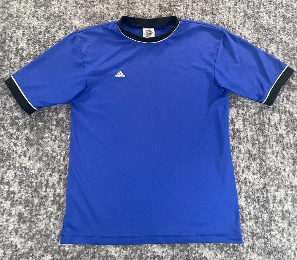 Vintage Adidas T Shirt Mens Medium Blue Black Athletic Short Sleeve Tee